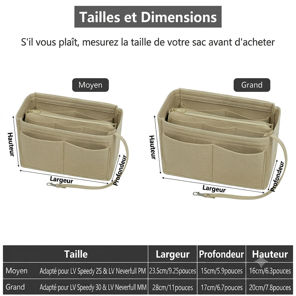 Light – Organisateur de sac en feutre avec fermeture éclair | 15 compartiments | M & L