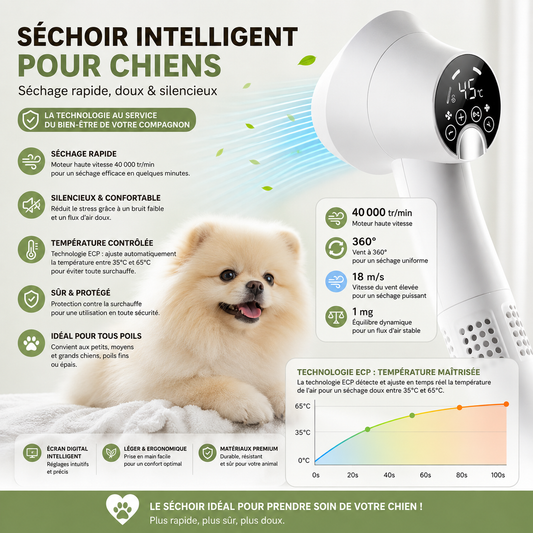 Sèche-Poils Brosse 2-en-1 pour Chien & Chat — Air Chaud/Froid