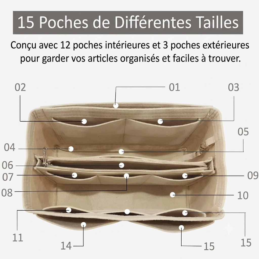 Light – Organisateur de sac en feutre avec fermeture éclair | 15 compartiments | M & L